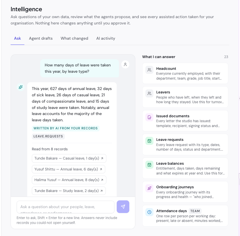 AI assistant answering a question, with sources appearing