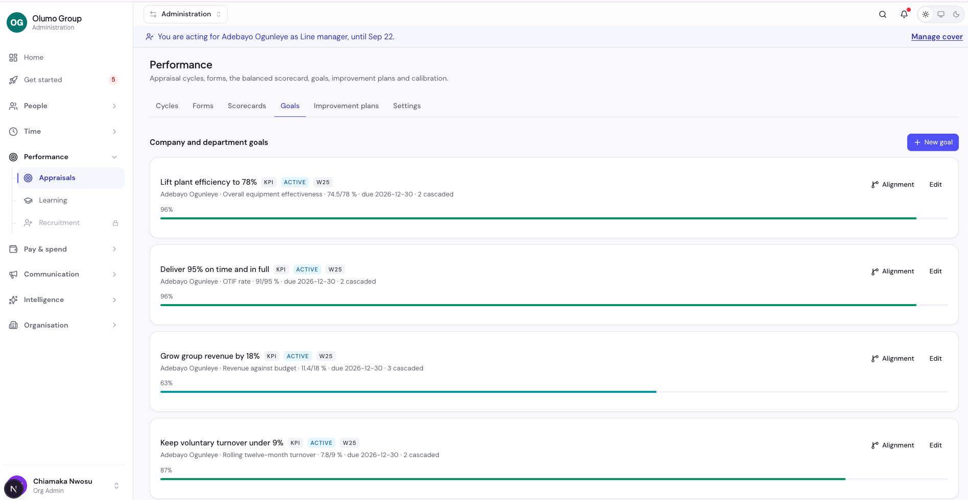 Performance — OKR tree and check-in flow